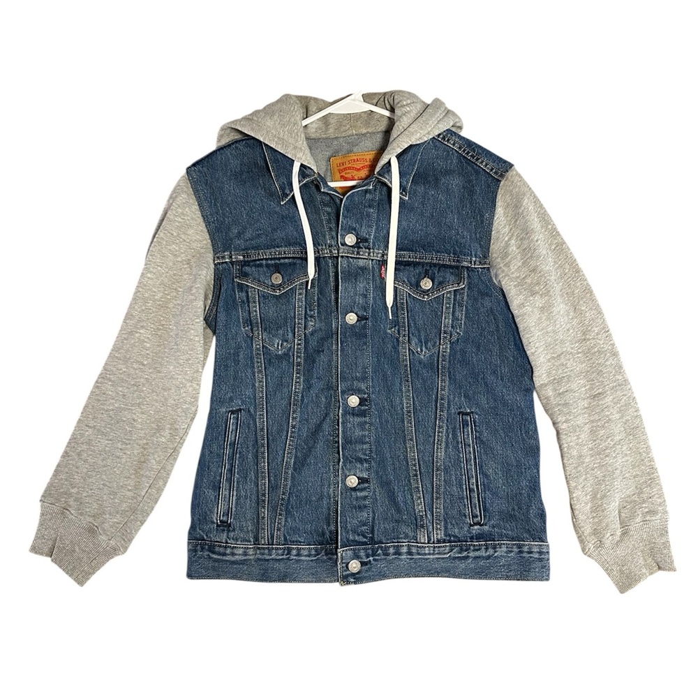 Levi's Hybrid Blue Denim Jacket with Gray Hoodie Sleeves - Mens - LARGE